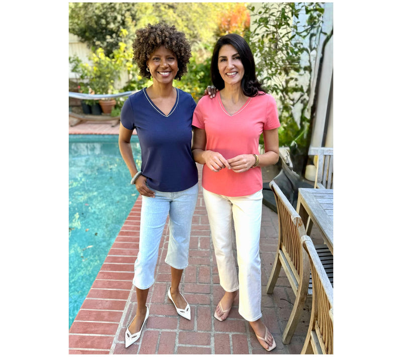 BEAUTIFUL by Lawrence Zarian Classic Knit Metallic Trim V-Neck Top — View 7