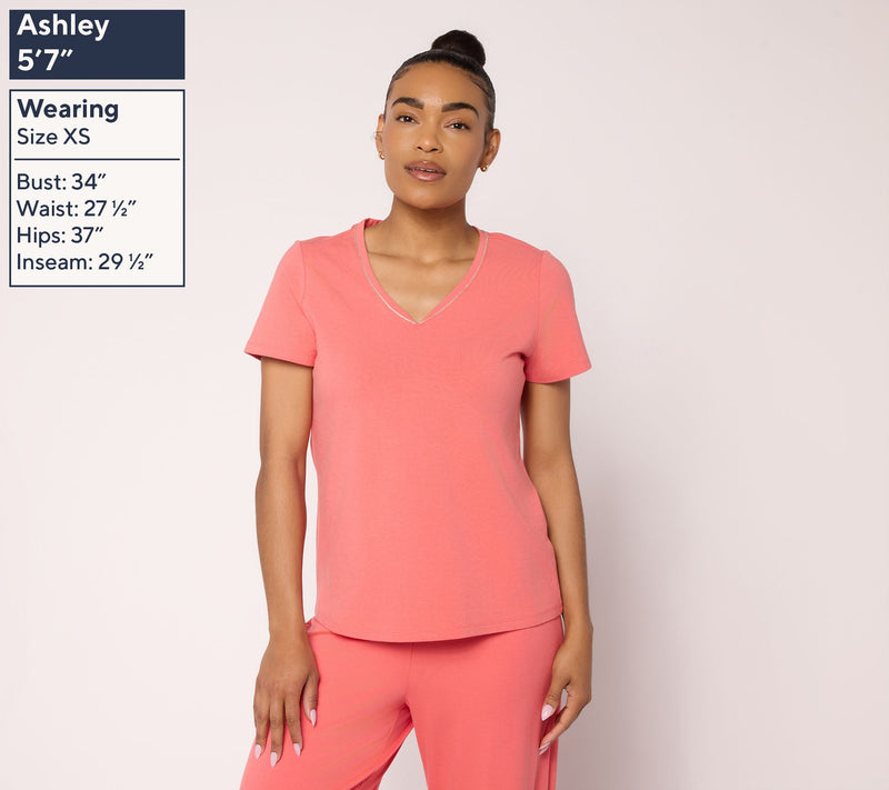 BEAUTIFUL by Lawrence Zarian Classic Knit Metallic Trim V-Neck Top — View 3