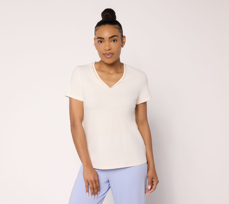 BEAUTIFUL by Lawrence Zarian Classic Knit Metallic Trim V-Neck Top — View 13