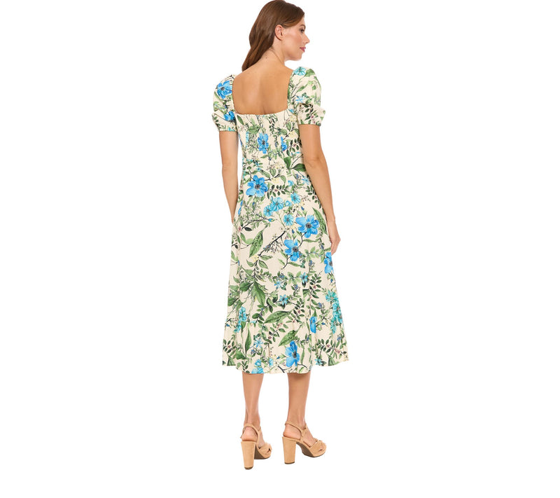 London Times Puff Sleeve Square Neck Empire Smocked Midi Dress — View 3