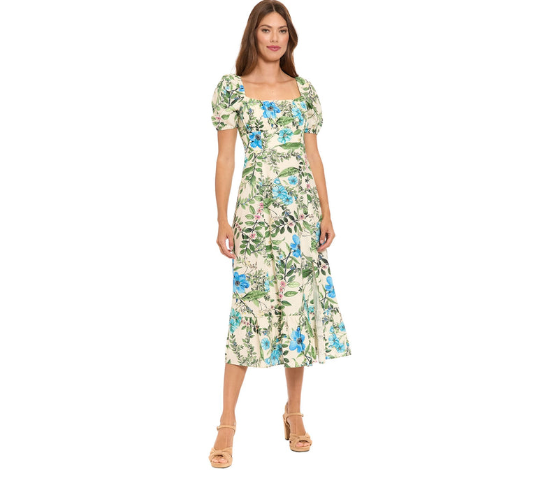London Times Puff Sleeve Square Neck Empire Smocked Midi Dress — Main view