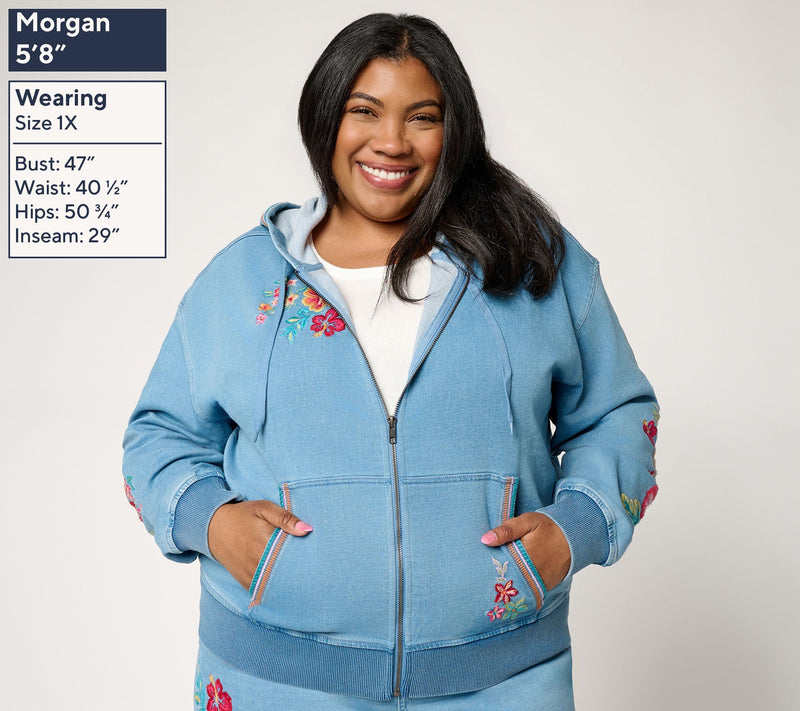 Driftwood Jeans Hallie Knit Denim Zip Front Embroidered Hoodie — View 8
