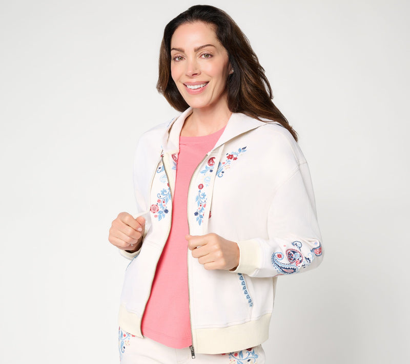 Driftwood Jeans Hallie Knit Denim Zip Front Embroidered Hoodie — View 14
