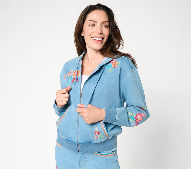 Driftwood Jeans Hallie Knit Denim Zip Front Embroidered Hoodie — View 15