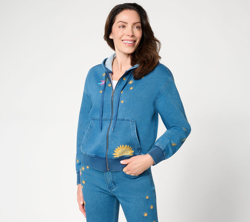 Driftwood Jeans Hallie Knit Denim Zip Front Embroidered Hoodie — View 16