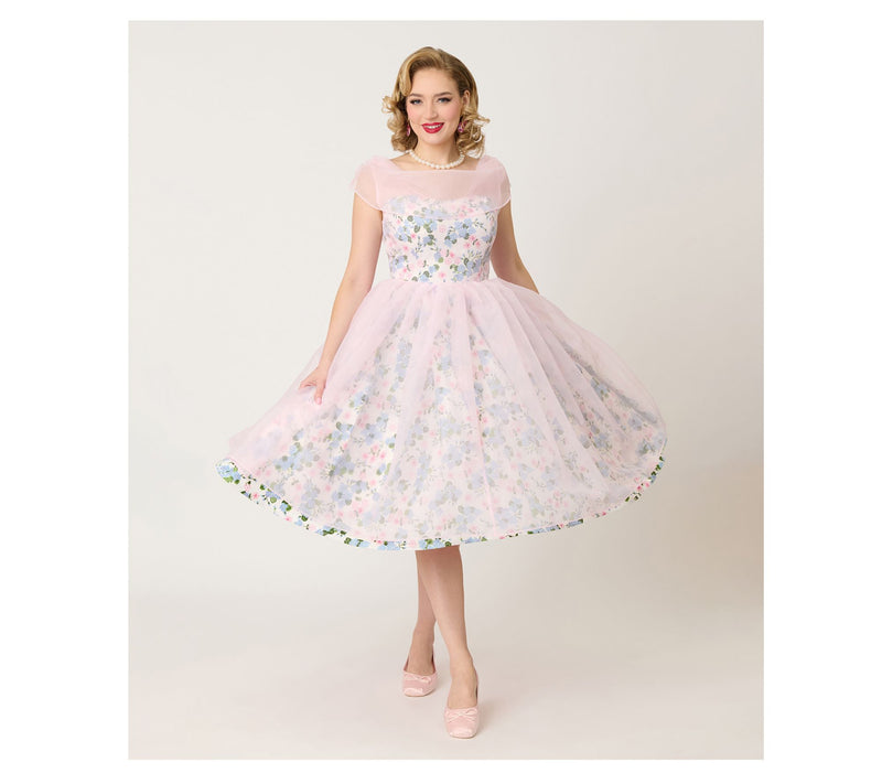 Unique Vintage Sheer Pink Chiffon & Rose ModernArt Swing Dres — View 7