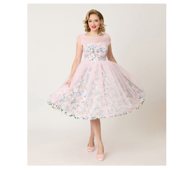 Unique Vintage Sheer Pink Chiffon & Rose ModernArt Swing Dres — Main view