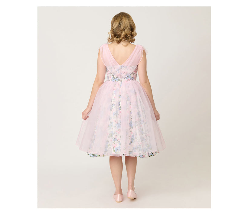 Unique Vintage Sheer Pink Chiffon & Rose ModernArt Swing Dres — View 2