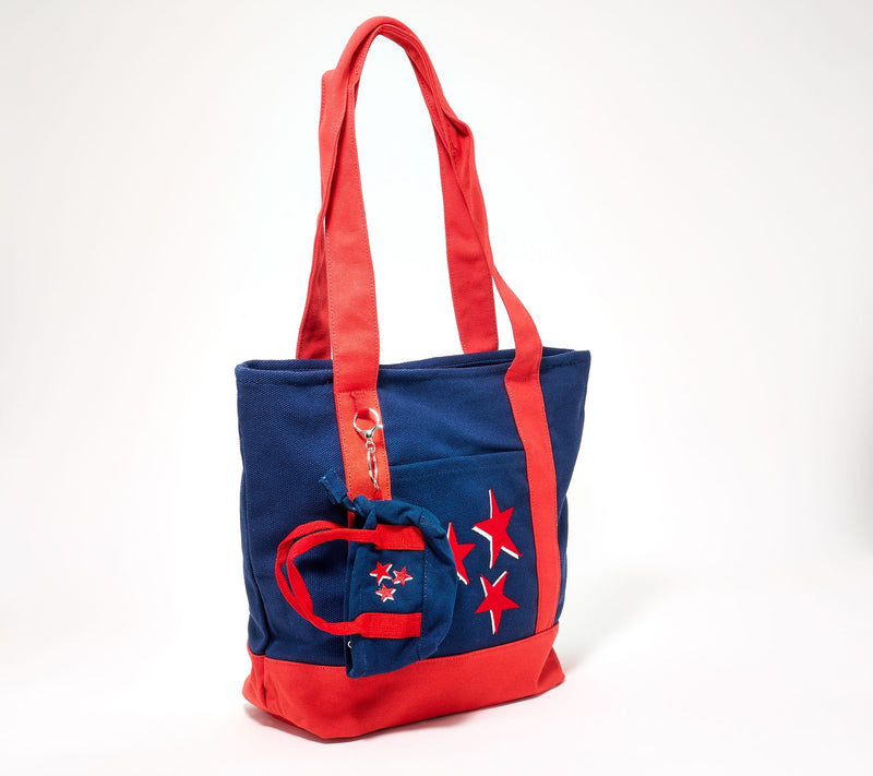 "As Is" Denim & Co. Embroidered Canvas Tote Bag with Bag Charm — View 2