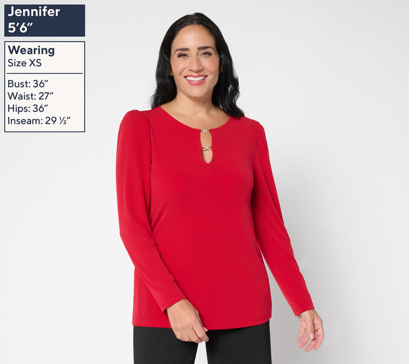 Susan Graver Liquid Knit Long-Sleeve Top w/Embellished Trim Neck — View 3