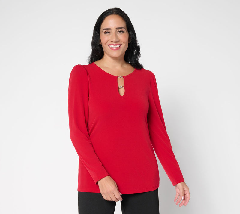 Susan Graver Liquid Knit Long-Sleeve Top w/Embellished Trim Neck — Main view