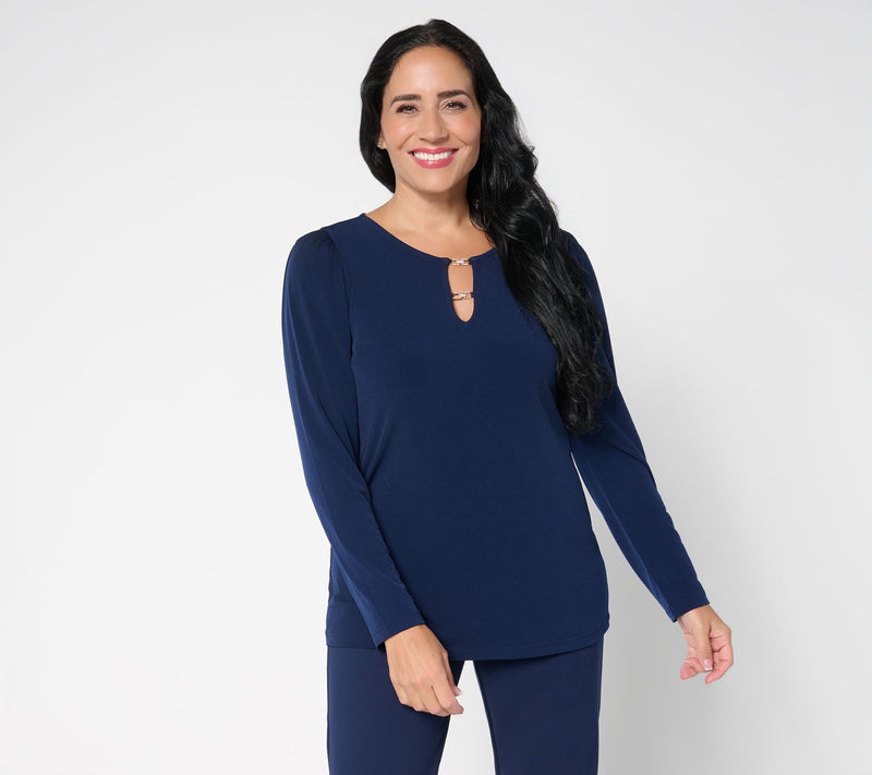 Susan Graver Liquid Knit Long-Sleeve Top w/Embellished Trim Neck — View 13