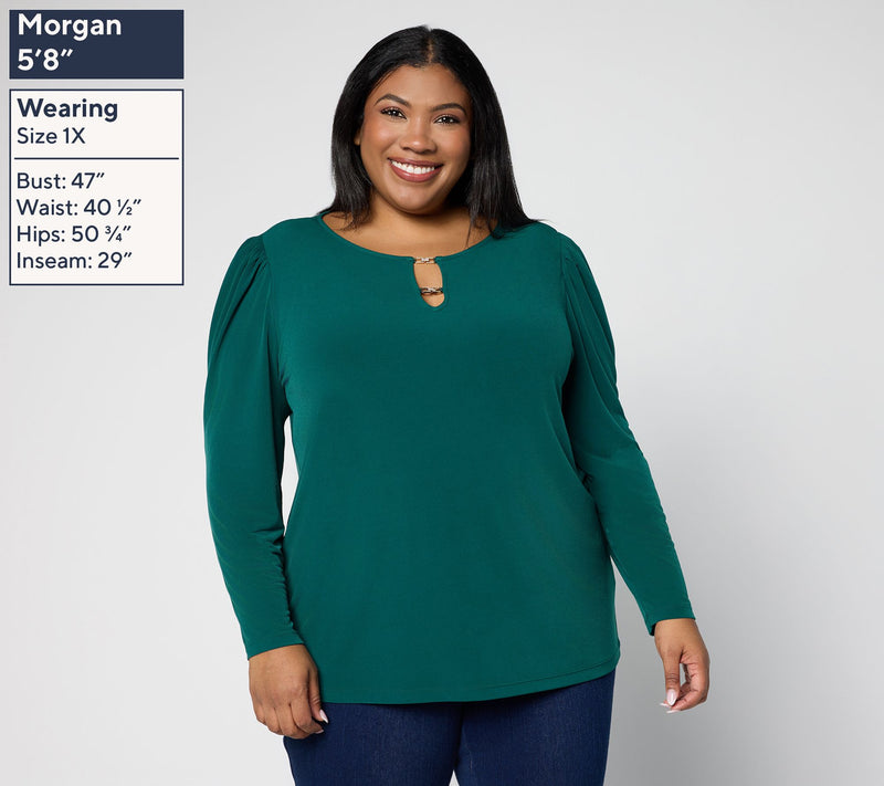 Susan Graver Liquid Knit Long-Sleeve Top w/Embellished Trim Neck — View 2