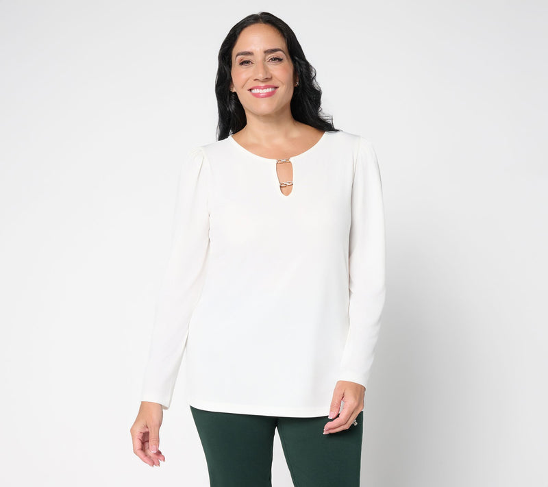 Susan Graver Liquid Knit Long-Sleeve Top w/Embellished Trim Neck — View 16
