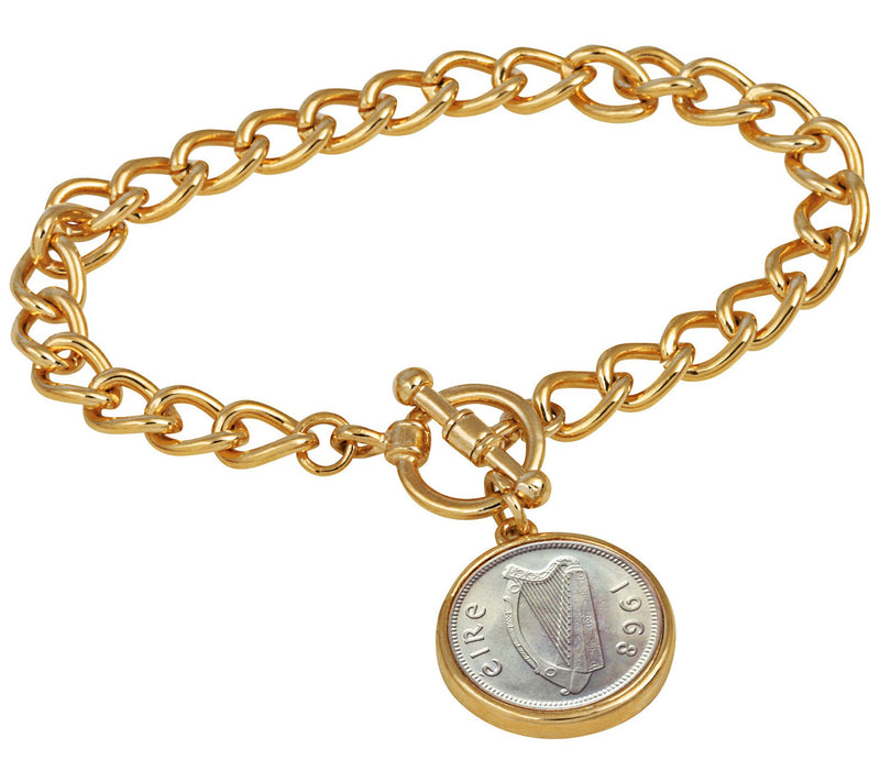 Irish Threepence Coin Goldtone Toggle Bracelet — Main view