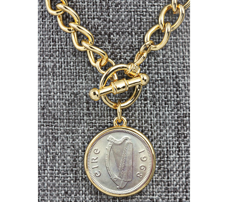 Irish Threepence Coin Goldtone Toggle Bracelet — View 3