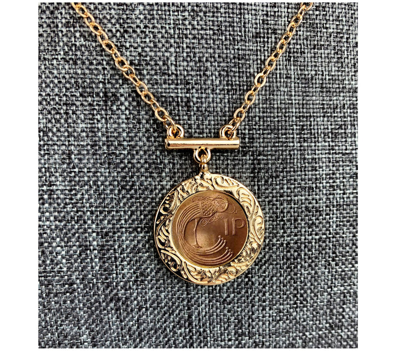 Irish Penny Coin Goldtone Bar Necklace — View 5