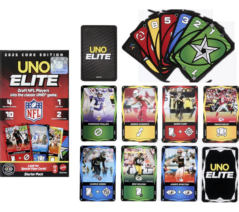 UNO Elite Mattel NFL 2025 Core Edition Starter & 2 Booster Pks — View 2