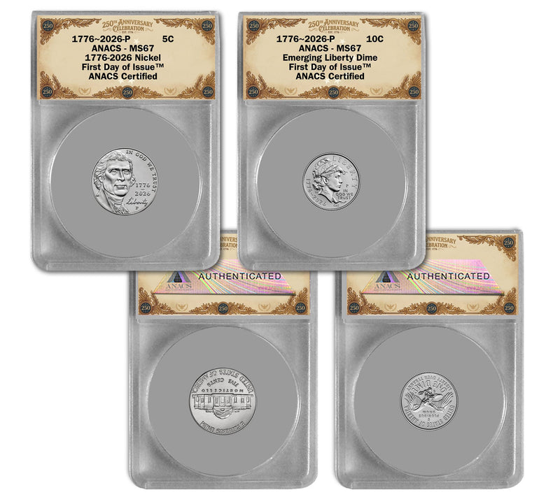 2026-P Emerging Liberty Dime & Jeff Nickel ANACS MS67 FDOI Set — Main view