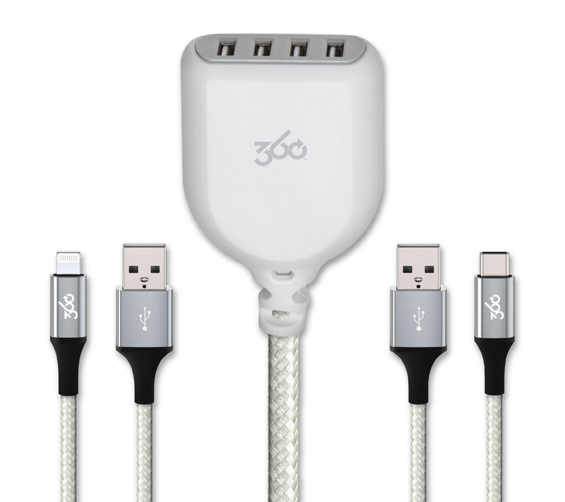 360 Electrical 4-Port USB Hub w/ 6' Braided Cord & (2) 4' Charging Cables — View 10