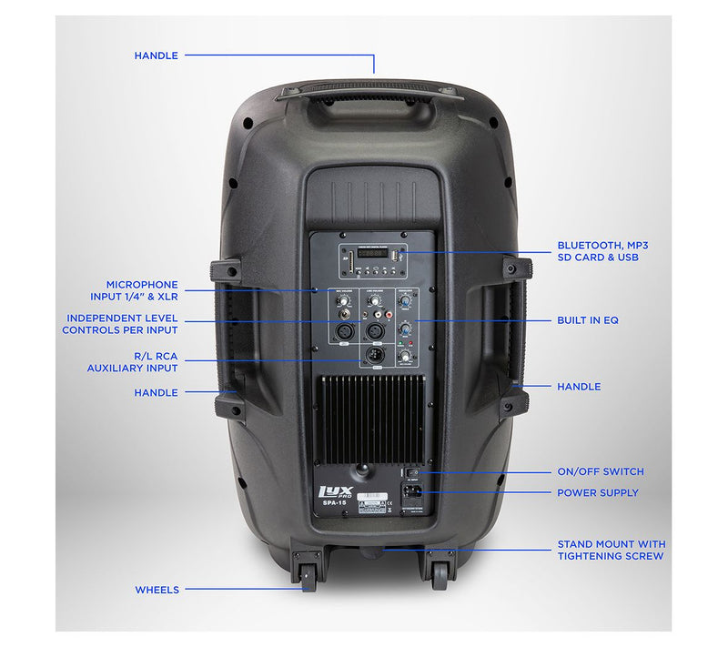 LyxPro SPA-15 Portable 15" PA Speaker — View 6