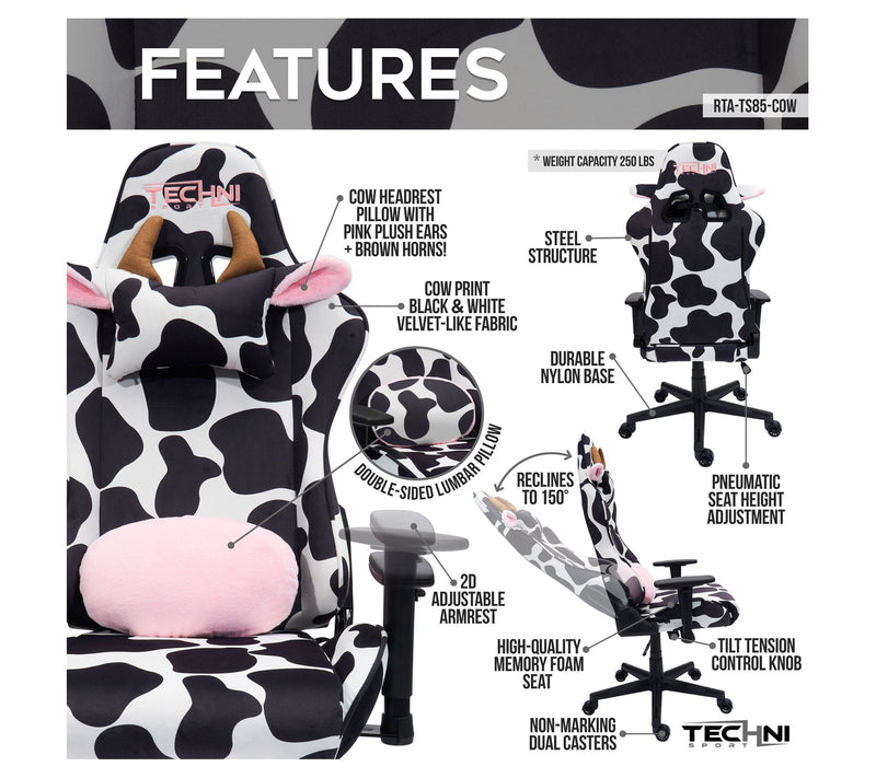 Techni Sport Cow Print Memory Foam AdjustablePC Gaming Chair — View 8