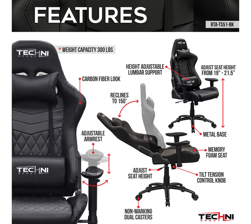 Techni Sport GG Black Memory Foam Adjustable PCGaming Chair — View 5