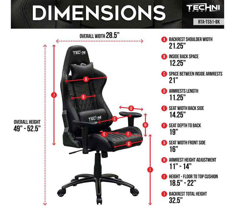 Techni Sport GG Black Memory Foam Adjustable PCGaming Chair — View 6