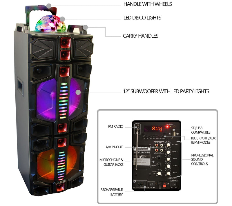 beFree Sound Dual 12" Subwoofer Bluetooth Portable Party — View 3