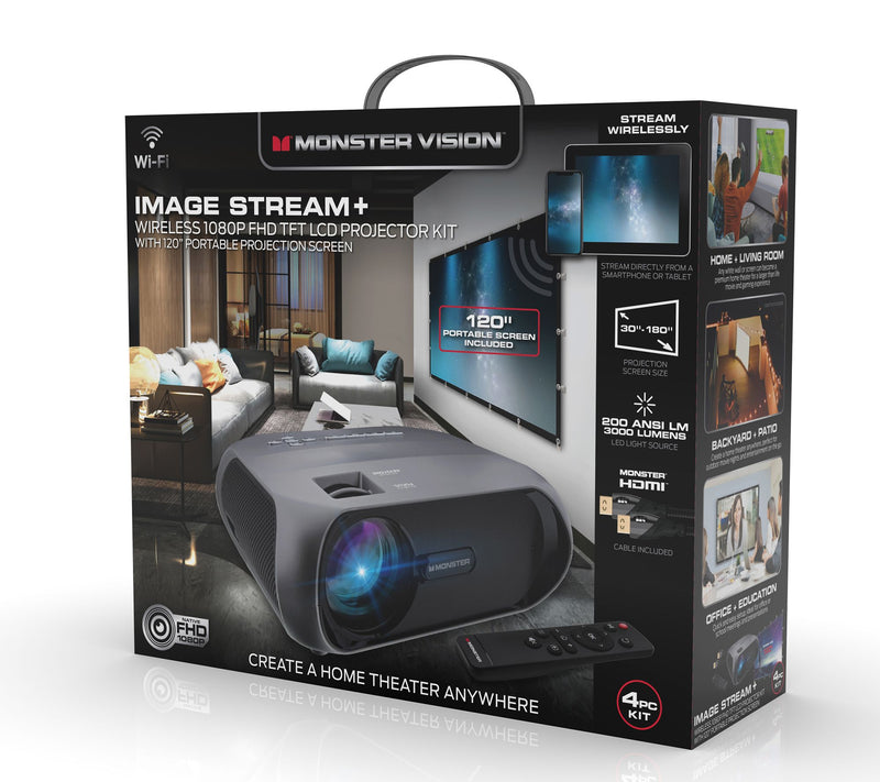 Monster Vision Wireless 1080P FHD TFT Projector w/ 120" Screen — View 5