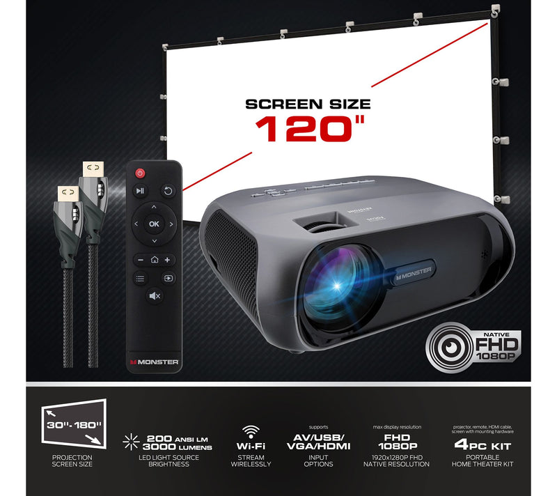 Monster Vision Wireless 1080P FHD TFT Projector w/ 120" Screen — View 6