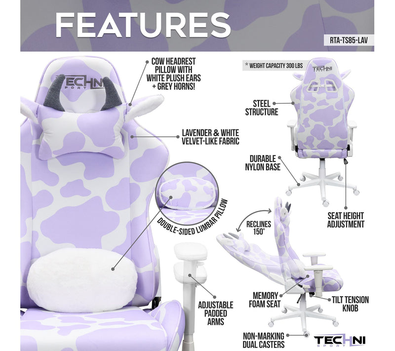 Techni Sport Cow Print Memory Foam Adjustable PGaming Chair — View 7