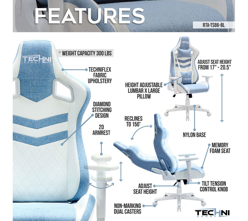 Techni Sport Pastel Memory Foam Adjustable PCGaming Chair — View 10