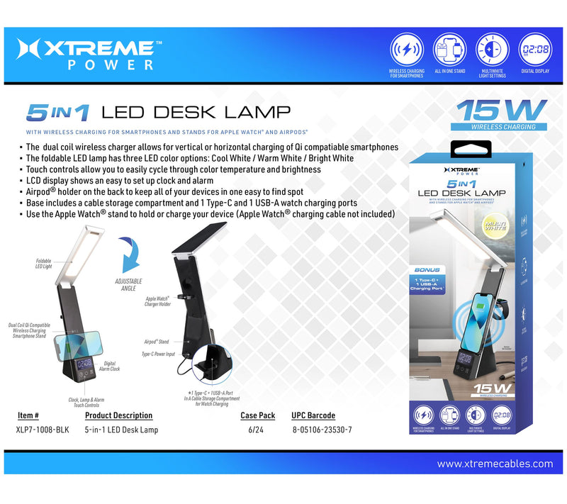 Xtreme 5-in-1 LED Desk Lamp with Alarm Clock & Wireles Charging — View 5