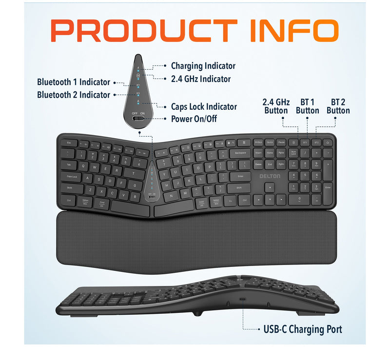 Delton KB250 Wireless Rechargeable Ergonomic Keyboard — View 6