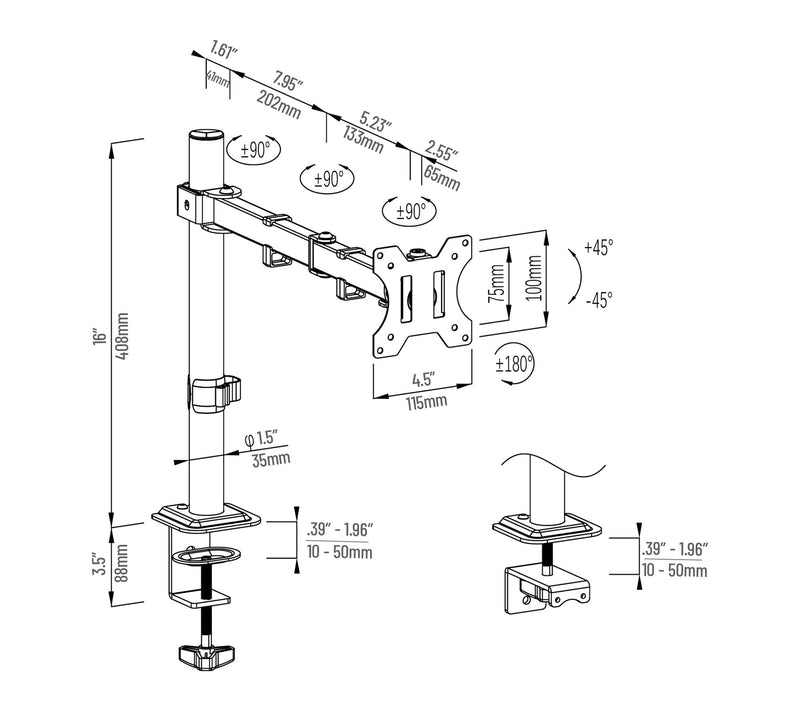 Mind Reader Single Monitor Desk Mount Rotate 180 — View 3