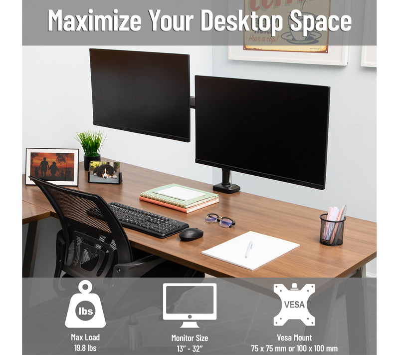 Mind Reader Dual Monitor Arm for 13-32 Inch Screens, Black — View 2
