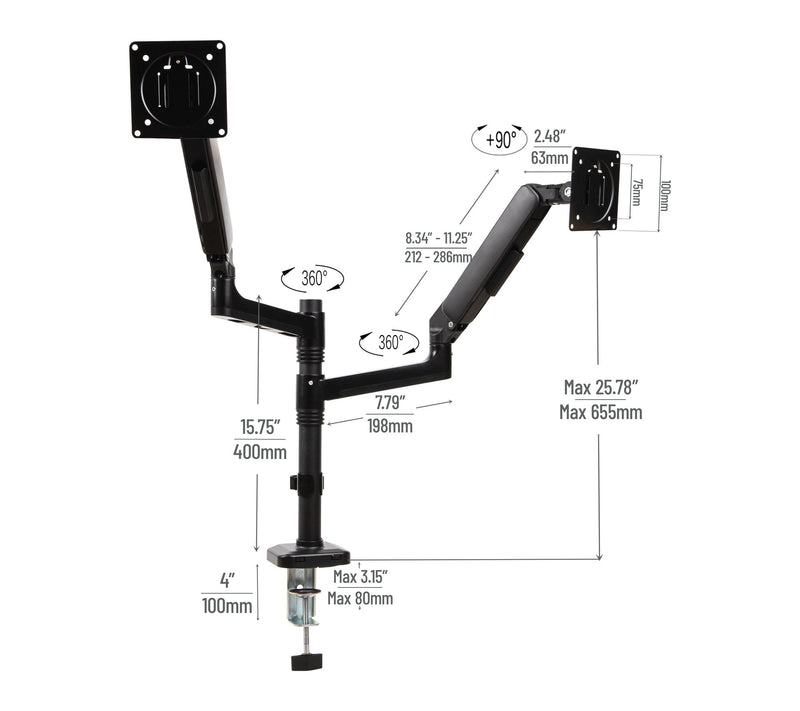 Mind Reader Dual Monitor Arm for 13-32 Inch Screens, Black — View 3