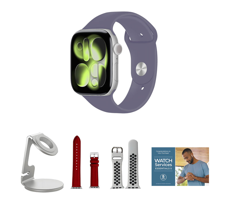 Apple Watch Series 11 GPS 42mm S/M with Leather Band & Charging Stand — View 39