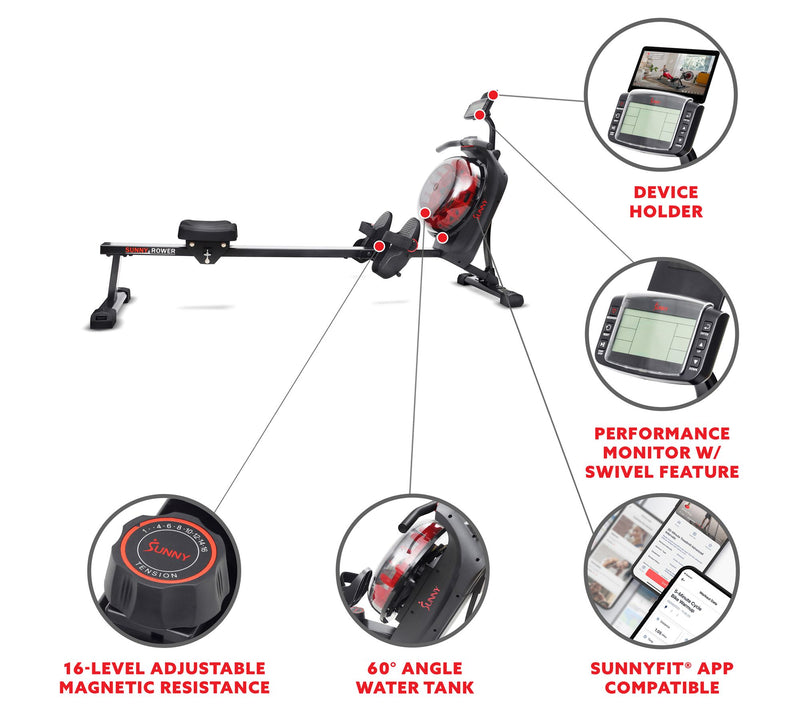 Sunny Health Fitness Smart Magnetic Water Rower — View 8