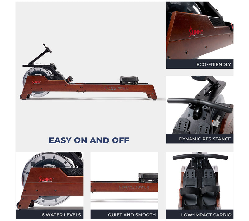 Sunny Health Fitness Hydro Wooden Water Rower — View 7