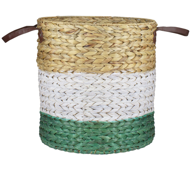 Northlight 16" Beige White & Teal Braided Basket w/ Handles — View 3