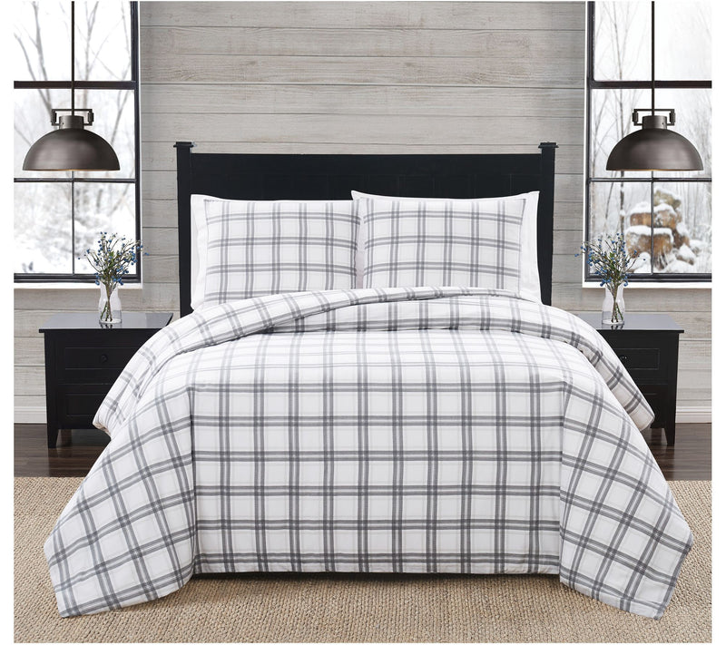 London Fog Grey Plaid Twin XL 2 Piece Flannel Comforter Set — Main view