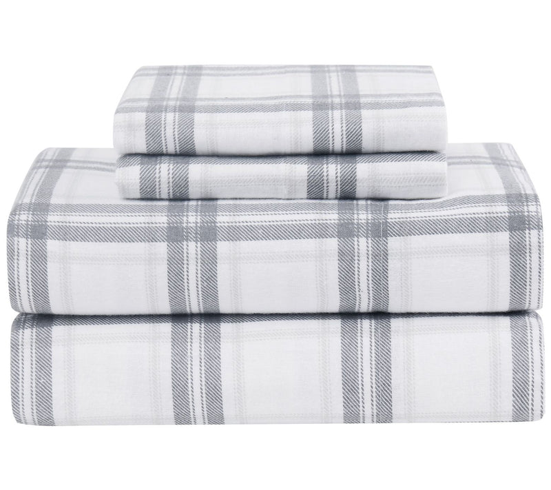 London Fog Grey Plaid Flannel 3 Piece Twin Sheet Set — View 4