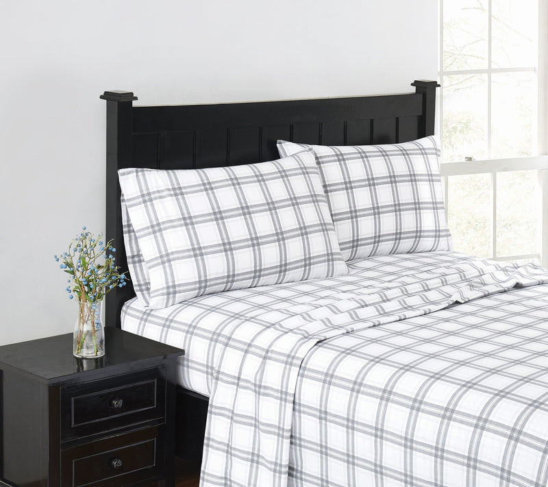 London Fog Grey Plaid Flannel 4 Piece Full Sheet Set — Main view