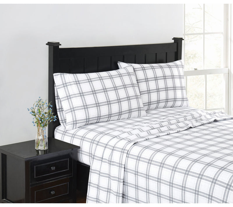 London Fog Grey Plaid Flannel 4 Piece King Sheet Set — Main view