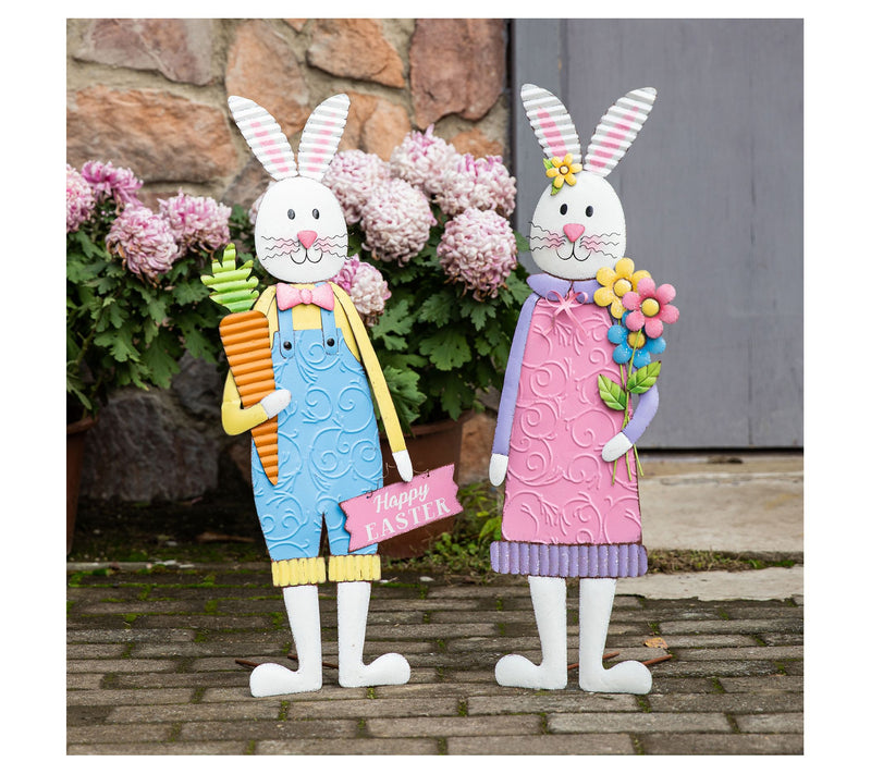 Glitzhome 36" Metal Easter Boy & Girl Bunnies Yrd Stakes S/2 — View 6
