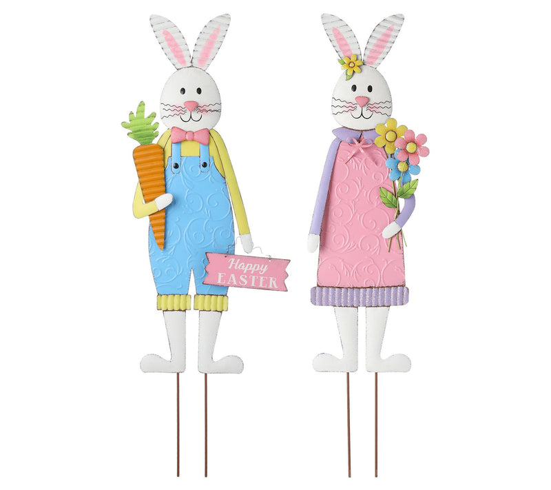 Glitzhome 36" Metal Easter Boy & Girl Bunnies Yrd Stakes S/2 — Main view