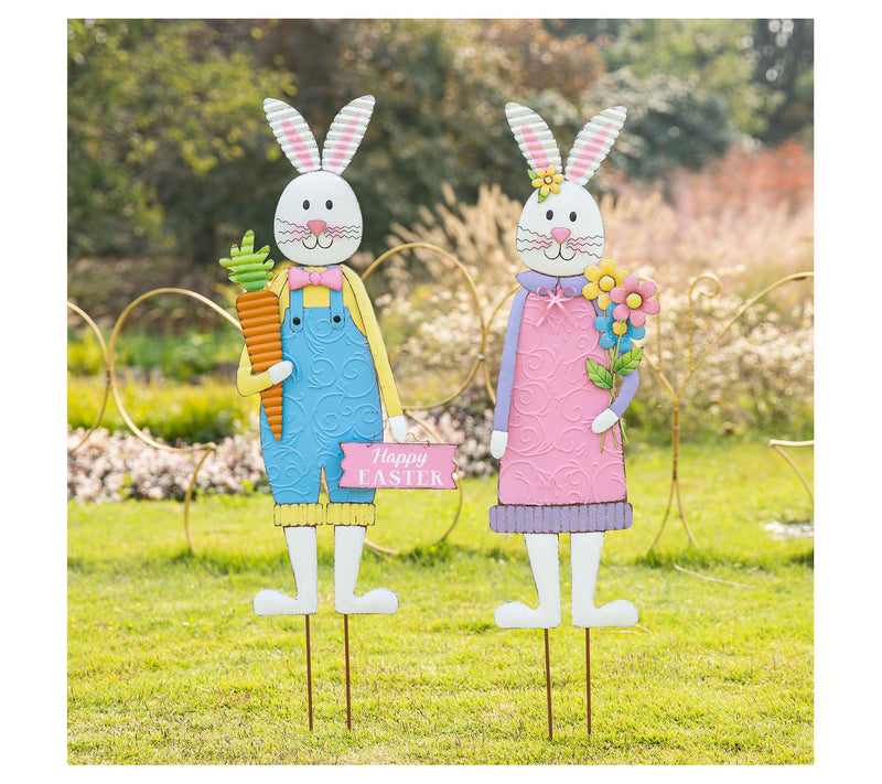 Glitzhome 36" Metal Easter Boy & Girl Bunnies Yrd Stakes S/2 — View 4