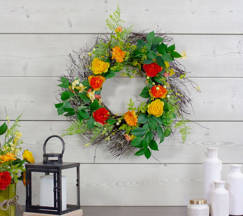Ranunculus and Rose Floral Spring Wreath  Orange and Yellow — View 6